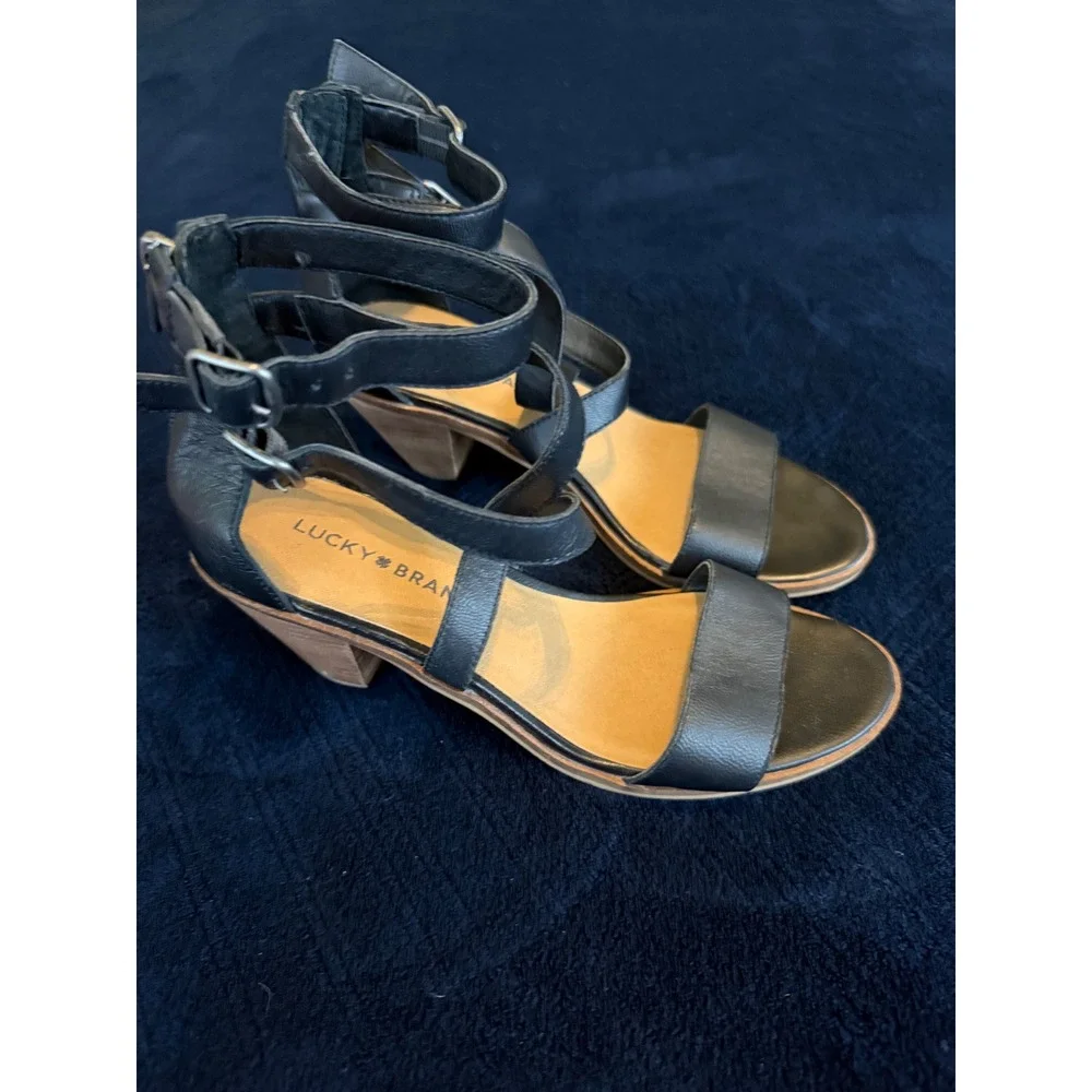 Lucky Brand LK-RESSIA Black Leather Multi‎ Strap Block Heel Sandals Womens 7M